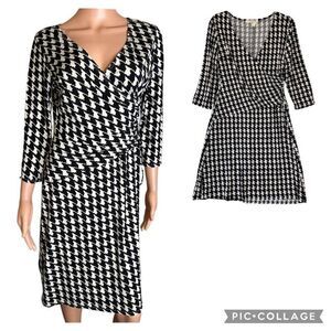 Eva-Picone Dress Flow Wrap Black Houndstooth Print 3/4 Sleeve V Neck Size 16